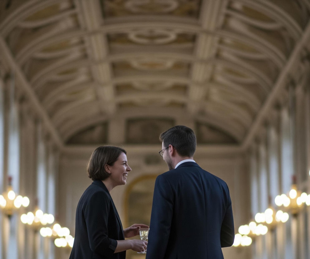 W centralnym punkcie obrazu, lekko po lewej, stoi kobieta z krótkimi, brązowymi włosami, ubrana w ciemną marynarkę, uśmiechnięta i patrząca w prawo. Trzyma w lewej ręce szklankę z jasnym napojem, a jej prawa ręka jest tuż pod nią. Po prawej stronie, tyłem do widza, stoi mężczyzna w ciemnym garniturze i okularach, z krótkimi ciemnymi włosami i brodą, zwrócony w stronę kobiety. Tło stanowi długi, bogato zdobiony korytarz z wysokimi, kremowymi kolumnami i sklepionym sufitem z licznymi detalami architektonicznymi. Po obu stronach korytarza widoczne są szeregi lśniących, złotych lamp wiszących na ścianach, tworzących ciąg jasnych, rozmytych punktów świetlnych.