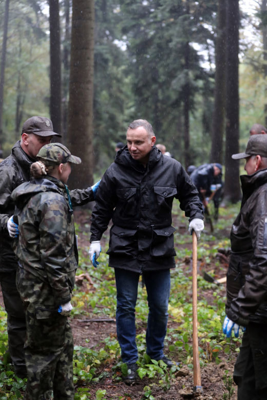 Andrzej Duda w deszczu sadził drzewa