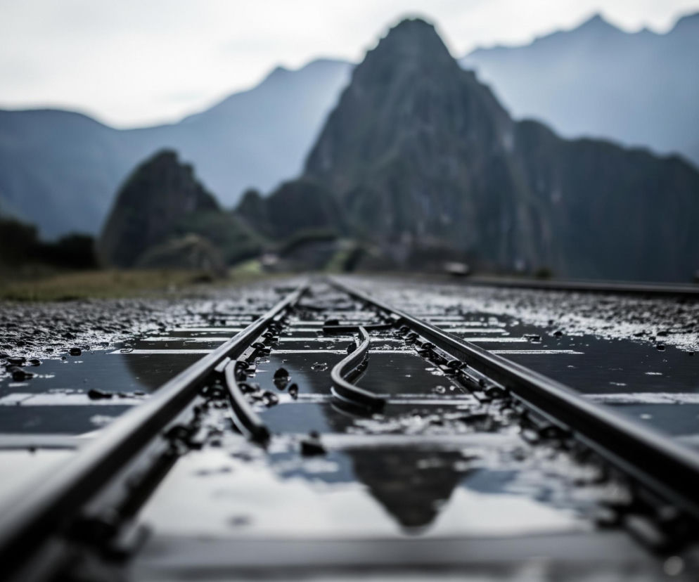 Szyny kolejowe biegnące w kierunku oddalonych gór stanowią centralny element kompozycji. Szyny są czarne i mokre, otoczone kałużami wody, w których odbija się jasne niebo i zarys gór. Dalej za szynami rozciąga się zielona, trawiasta równina, a w tle widać ciemne, skaliste góry, z których jedna wyróżnia się wyraźnie spiczastym szczytem, otoczone mglistym, jasnym niebem.