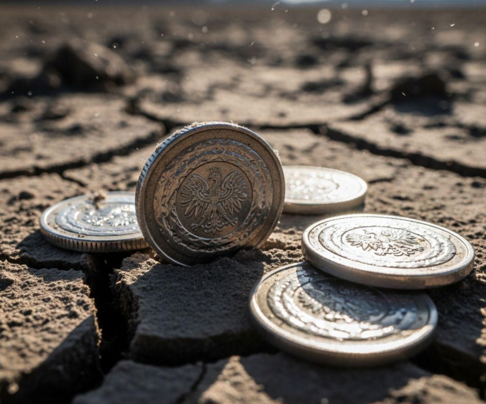 Polskie monety leżące na popękanej, suchej ziemi, symbolizujące trudną sytuację finansową i spadek opłacalności produkcji rolnej, o czym można przeczytać na portalu Super Biznes. Monety w zbliżeniu na popękanej glebie, przedstawiające orła polskiego, odzwierciedlają aktualne wyzwania rolników.