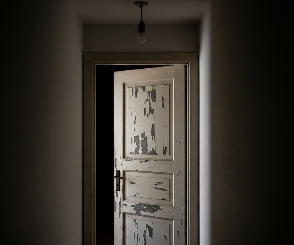 W centrum obrazu znajduje się uchylone, zniszczone drewniane drzwi w kolorze kremowo-białym z mocno łuszczącą się farbą, odsłaniającą szare fragmenty pod spodem. Drzwi mają trzy prostokątne panele i czarną, poziomą klamkę, a za nimi widać całkowitą ciemność. Na suficie, powyżej drzwi, zwisa pojedyncza, nieświecąca żarówka na czarnym kablu. Całe otoczenie, czyli ściany i sufit korytarza, są utrzymane w ciemnych odcieniach szarości, z intensywnymi cieniami po bokach.