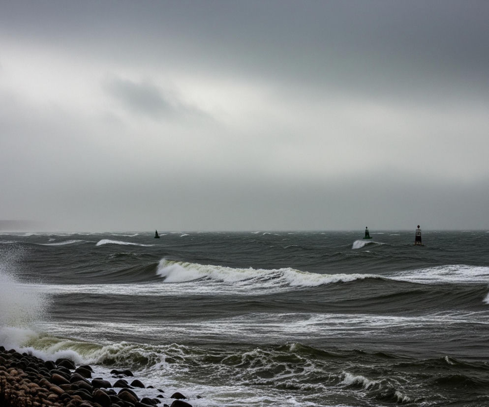 Morze z wzburzonymi, ciemnozielonymi falami zajmuje centralną i dolną część kadru, z pianą rozbryzgującą się na kamienistym brzegu w lewym dolnym rogu. Horyzont przecina las iglasty widoczny w oddali po lewej stronie, a na wodzie unoszą się trzy pławy: jedna mniejsza, ciemna, z zieloną górą w centrum, oraz dwie większe z prawej strony, z czego jedna ma zielone elementy, a druga jest czarno-biało-czerwona. Niebo jest pochmurne i szare, z jaśniejszymi fragmentami w górnej części kadru.