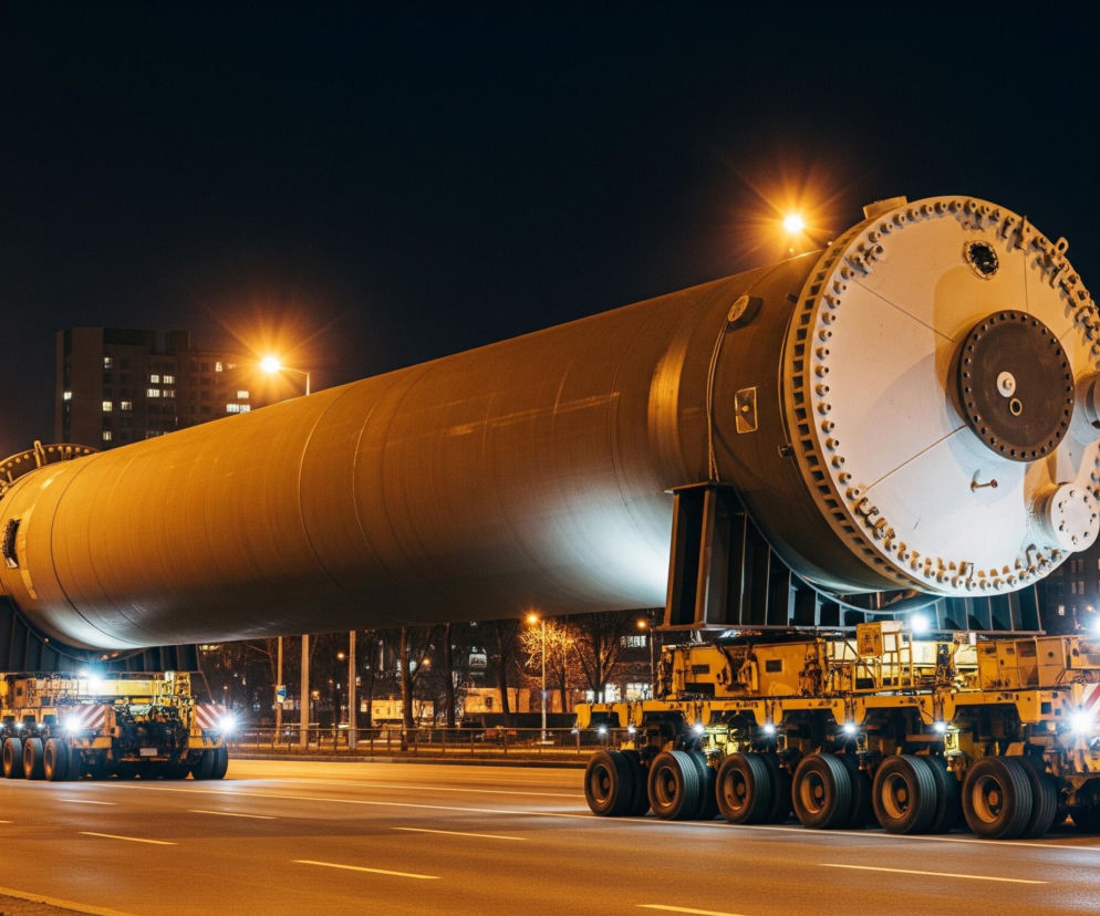 Na obrazie widoczna jest ogromna, metalowa cylindryczna konstrukcja, prawdopodobnie reaktor lub kolumna destylacyjna, transportowana nocą po wielopasmowej drodze. Konstrukcja jest zamontowana na dwóch wieloosiowych, żółtych platformach transportowych, każda z nich ma wiele kół i jaskrawo świecące światła. Niebo jest ciemne, a otoczenie oświetlają pomarańczowe lampy uliczne oraz światła z odległych budynków mieszkalnych. Na prawym końcu cylindrycznej konstrukcji znajduje się jasna, okrągła płyta z licznymi śrubami i kilkoma mniejszymi okrągłymi elementami.