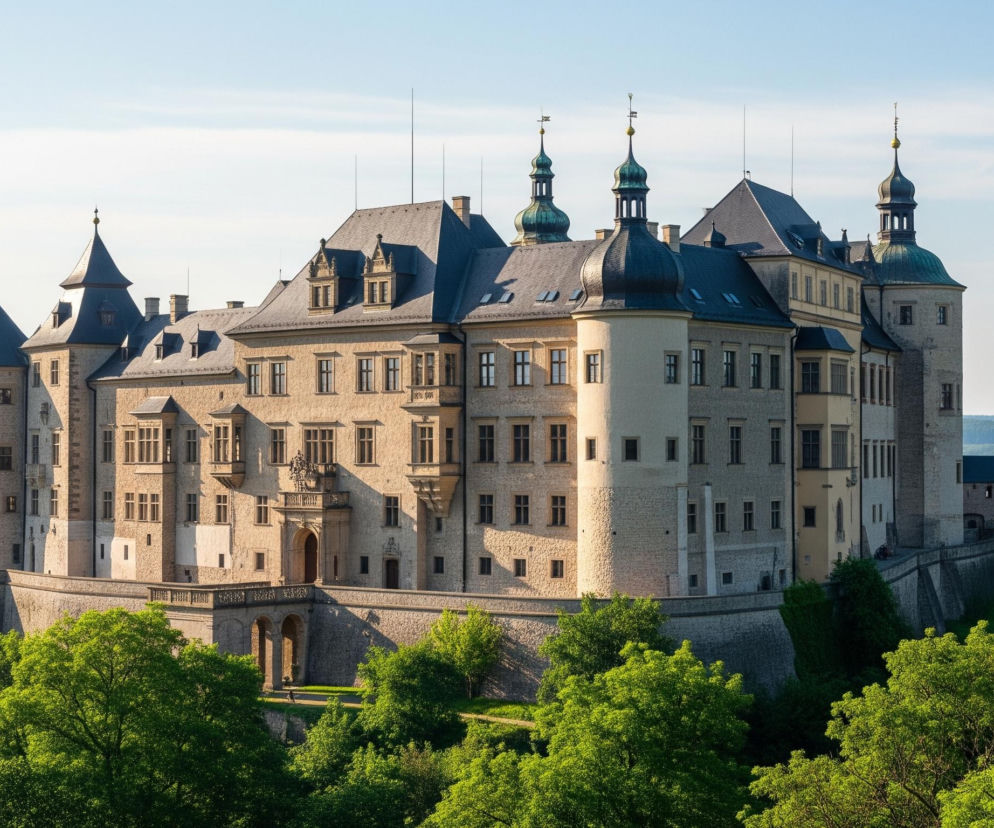 W centrum obrazu znajduje się rozległy, historyczny zamek o piaskowych murach i ciemnoszarych, spadzistych dachach. Budowla charakteryzuje się licznymi wieżami o stożkowych i kopułowych zwieńczeniach, z których niektóre mają zielone hełmy, a na ich szczytach widoczne są ozdobne iglice i chorągiewki. Zamek otoczony jest gęstą, zieloną roślinnością, głównie drzewami liściastymi, które porastają zbocza pod murami obronnymi. W tle rozciąga się pasmo zalesionych wzgórz pod jasnobłękitnym niebem z delikatnymi białymi smugami chmur.