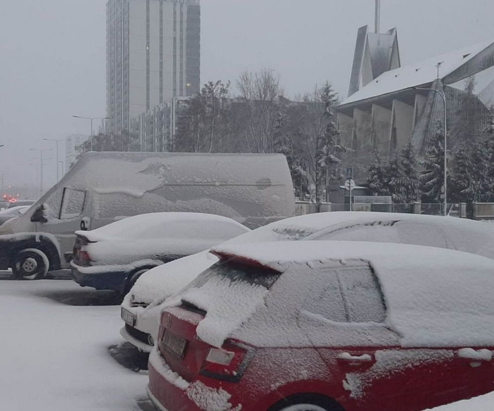 Zasypane śniegiem samochody zaparkowane przy ulicy, co symbolizuje trudne warunki drogowe zimą. Biała furgonetka i kilka aut osobowych są pokryte grubą warstwą białego puchu. W tle widoczny jest wysoki budynek i modernistyczny kościół. O karach za jazdę w takich warunkach przeczytasz na Super Biznes.