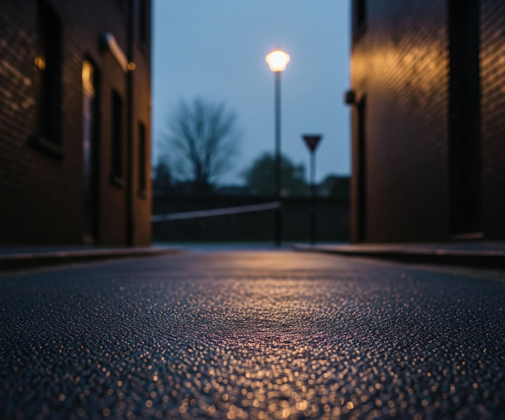 Na pierwszym planie, z dołu kadru, rozciąga się ciemna, szorstka nawierzchnia drogi, pokryta licznymi jasnymi, rozmyślonymi refleksami światła, tworzącymi efekt mokrej powierzchni. Perspektywa jest niska, patrząc wzdłuż drogi, która prowadzi w głąb obrazu. Po obu stronach drogi wznoszą się ciemne budynki z cegły, tworzące wąski korytarz. Na lewym budynku widać okna, a na prawym odbijają się skośne pasma światła, tworzące siatkę. W oddali, pośrodku kadru, stoi latarnia uliczna z jasno świecącym, żółtawym światłem, rozświetlającym otaczające ją, zamglone, błękitno-szare tło, gdzie widoczna jest niewyraźna sylwetka drzewa bez liści i znak drogowy o kształcie trójkąta.