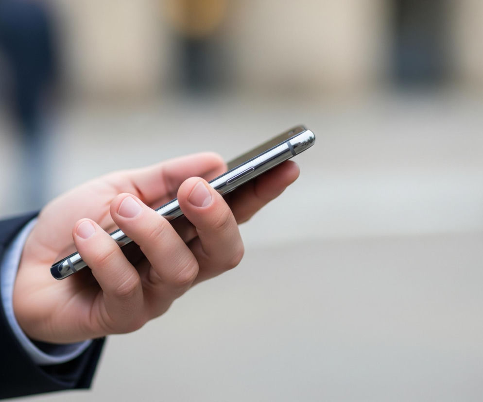 Mężczyzna w granatowej marynarce i białej koszuli trzyma w prawej dłoni ciemny smartfon ze srebrnymi krawędziami. Palce jego dłoni owijają się wokół urządzenia, a kciuk spoczywa na górnej części bocznej krawędzi. Tło jest rozmyte, z widocznymi, niewyraźnymi sylwetkami innych osób i jasnoszarym odcieniem.