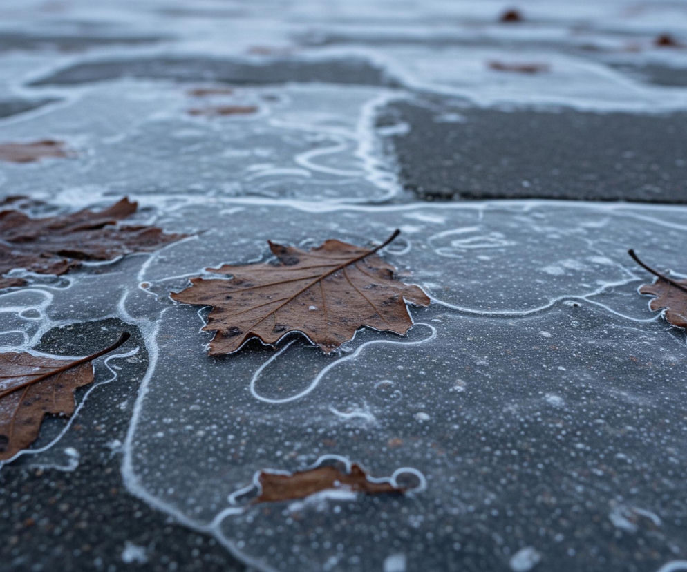 Szare, prostokątne płyty chodnikowe pokryte są warstwą lodu, w której uwięzione są brązowe, suche liście. Lód jest częściowo przezroczysty, ukazując ciemną, szorstką teksturę podłoża, a w jego strukturze widoczne są pęcherzyki powietrza i białe, nieregularne wzory, przypominające zamarzniętą wodę. Kilka liści o postrzępionych brzegach, z wyraźnymi unerwieniami, leży na lódzie, z czego jeden większy liść dębu jest głównym elementem w centrum obrazu. Pozostałe liście są rozrzucone na dalszych planach, stopniowo tracąc ostrość wraz z oddalaniem się od głównego punktu ostrości.