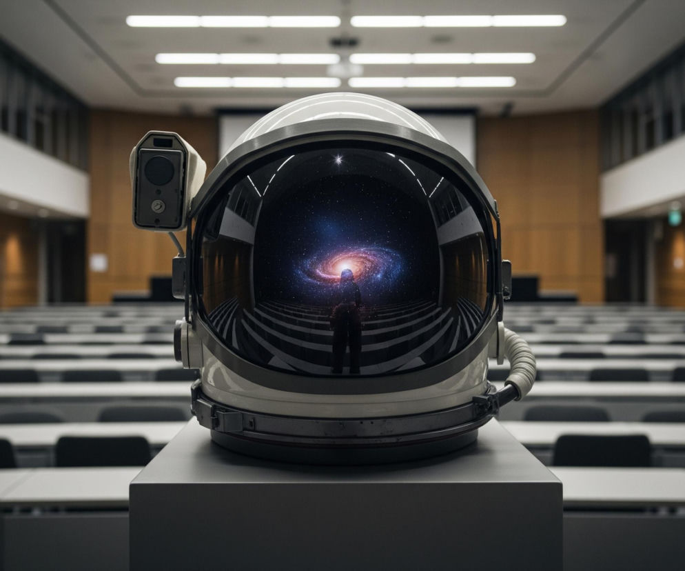 Centralnie u dołu znajduje się biało-czarny hełm astronauty, skierowany frontem do widza, umieszczony na ciemnoszarym postumencie. W lśniącej szybce hełmu odbija się obraz kosmosu z różowo-niebieską galaktyką spiralną oraz zarysem postaci ludzkiej stojącej na czarno-białych paskach przypominających odległe schody lub tor. Tło stanowi pusta sala wykładowa, z rzędami jasnych biurek i czarnych krzeseł, prowadząca w głąb obrazu, gdzie na końcu widoczny jest duży, biały ekran projekcyjny. Sufit jest jasny, z równoległymi rzędami podłużnych świateł, a po bokach widoczne są fragmenty drewnianych ścian oraz górne kondygnacje z oknami.