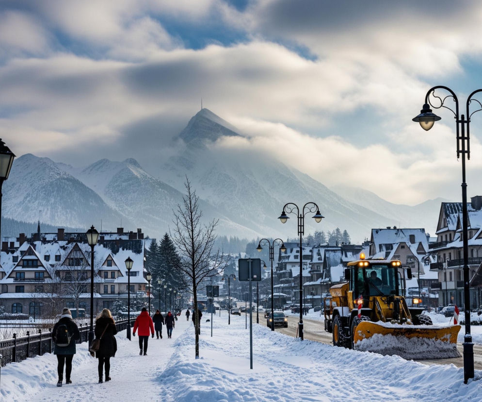 Na pierwszym planie, po lewej stronie, widać zaśnieżony chodnik z ciemnym, ozdobnym metalowym ogrodzeniem, za którym znajduje się pokryty lodem lub śniegiem akwen. Na chodniku idzie kilka osób, dwie kobiety na pierwszym planie odwrócone plecami, oraz kilka innych postaci dalej w tle, w tym jedna w czerwonej kurtce. Po prawej stronie chodnika biegnie zaśnieżona ulica, na której żółty pług śnieżny z pomarańczową lampą błyskową odgarnia śnieg, tworząc zaspy wzdłuż krawędzi.

Wzdłuż chodnika rozmieszczone są czarne, stylizowane latarnie uliczne, niektóre z nich dwuramienne. Po obu stronach ulicy stoją budynki z tradycyjnymi spadzistymi dachami, szczelnie pokrytymi białym śniegiem, często z balkonami lub loggiami, niektóre z widocznymi kominami. Za budynkami, w tle, wznoszą się majestatyczne, zaśnieżone góry, częściowo przysłonięte przez chmury, które również zasłaniają szczyt najwyższej góry, z której wystaje cienka wieża lub maszt. Niebo jest częściowo błękitne, z rozproszonymi, szarymi i białymi chmurami.