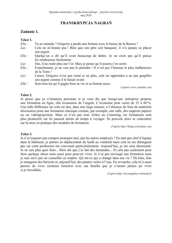 Matura 2020 AKUSZE CKE, transkrypcje: j. francuski p. rozszerzony, 1