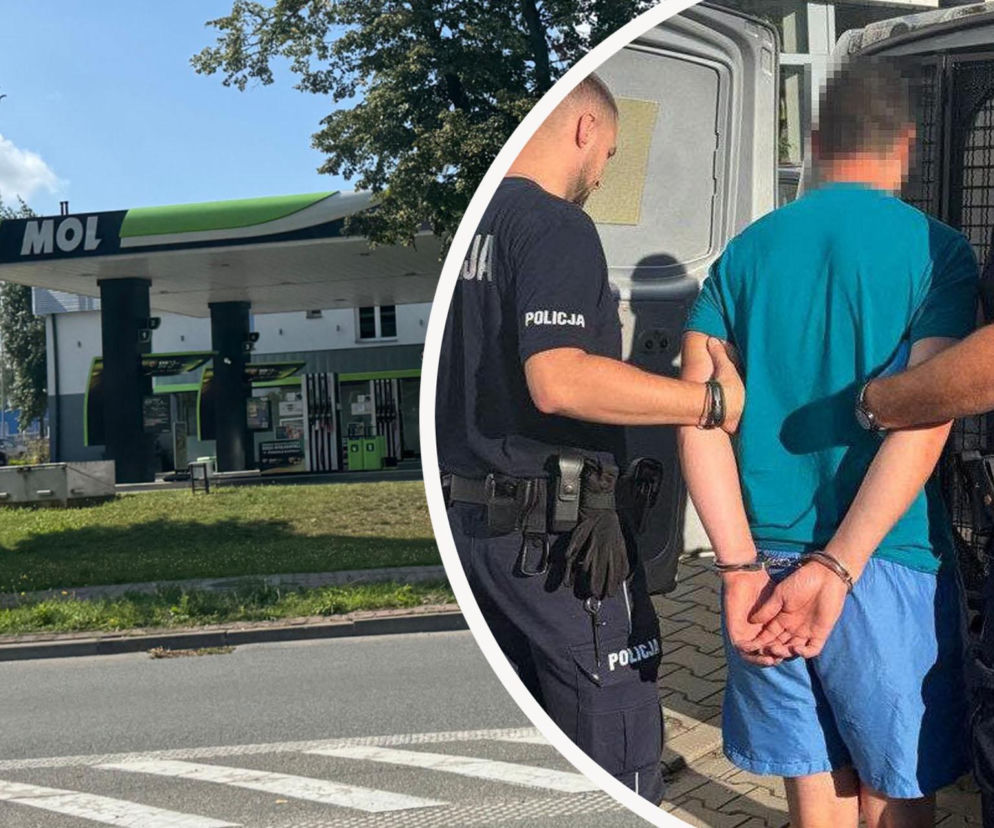 Stacja paliw MOL. Na miniaturze policjanci prowadzący zakutego w kajdanki mężczyznę. Szczegóły na Eska Lublin.