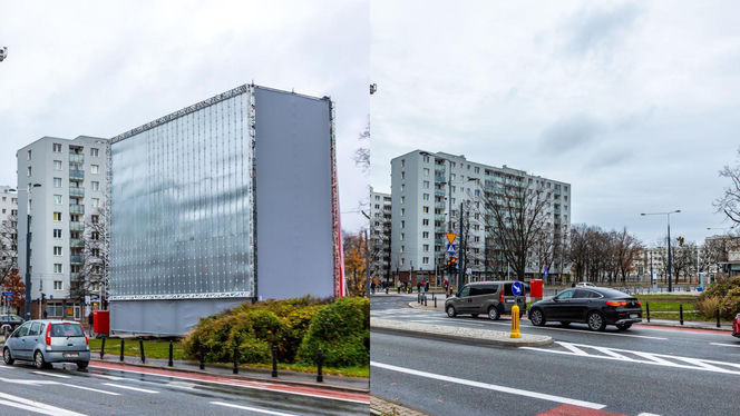 Demontaż stelażu reklamowego na rogu ul. Anielewicza i Al. Jana Pawła II w Warszawie