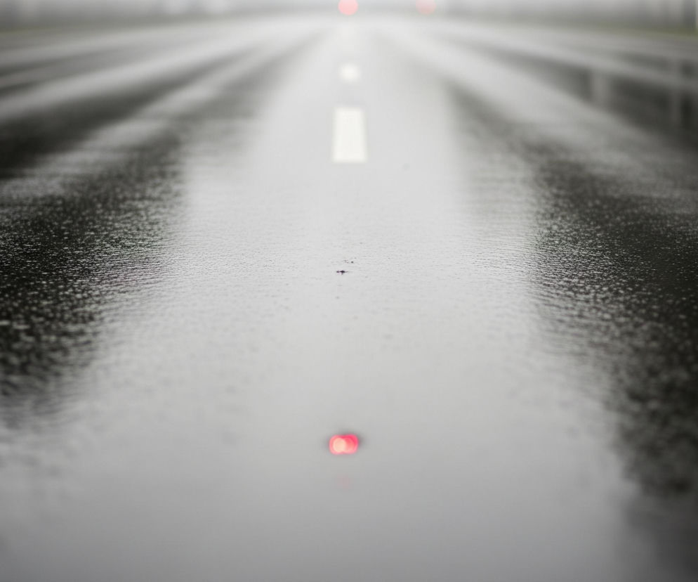 Mokry, ciemny asfalt drogi rozciąga się w głąb obrazu, pokryty licznymi, drobnymi kroplami wody, tworzącymi ziarnistą teksturę na pierwszym planie. Na środku jezdni widoczne są przerywane białe pasy, wyznaczające oś drogi, które zlewają się w oddali. Czerwone światła pojazdów, rozmyte i nieostre, majaczą w oddali, stanowiąc jedyne akcenty kolorystyczne na tle dominujących szarości i czerni. Powierzchnia drogi odbija światło, tworząc jasne refleksy i smugi, szczególnie po prawej stronie, co sugeruje obecność jakiegoś źródła światła poza kadrem.