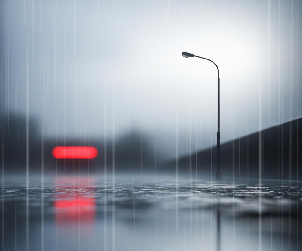 Pojedyncza czarna latarnia uliczna z zakrzywionym ramieniem i oprawą oświetleniową stoi po prawej stronie sceny, rozświetlając otoczenie miękkim, białym światłem. Deszcz pada pionowymi, jasnymi smugami, odbijającymi się od mokrej, ciemnej powierzchni drogi, co tworzy liczne lśniące refleksy. W oddali, po lewej stronie, rozmyta, podłużna, czerwona plama światła odbija się na mokrym asfalcie, sugerując obecność pojazdu z włączonymi światłami stopu. Tło jest rozmyte, utrzymane w odcieniach szarości i bieli, przechodzące w ciemniejsze tony po bokach, a po prawej widoczna jest ciemna, skośna linia tworząca rodzaj bariery lub ściany.