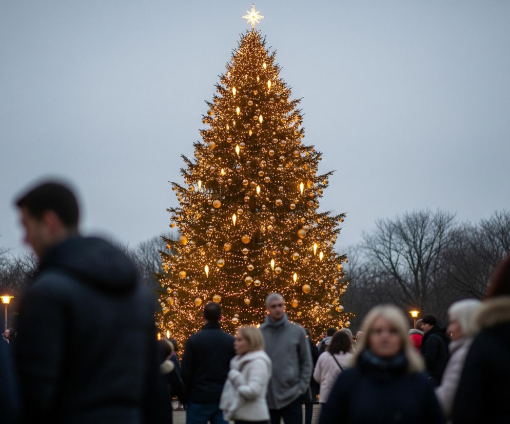 Centralnym elementem obrazu jest wysoka, ozdobiona choinka, której gałęzie gęsto pokrywają liczne, ciepło żółte światełka oraz złote bombki. Na jej szczycie lśni duża, biała gwiazda, a tło stanowi jasnoszare, zachmurzone niebo. Wokół drzewa i na pierwszym planie widoczny jest tłum ludzi, ubranych w zimowe okrycia, z których wielu jest nieostrych, co sugeruje ruch i głębię obrazu. Po bokach choinki, na dalszym planie, znajdują się nagie drzewa z ciemnymi, rozgałęzionymi konarami.