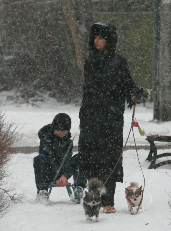 Marta Kaczyńska z synem i psami na sankach w lesie
