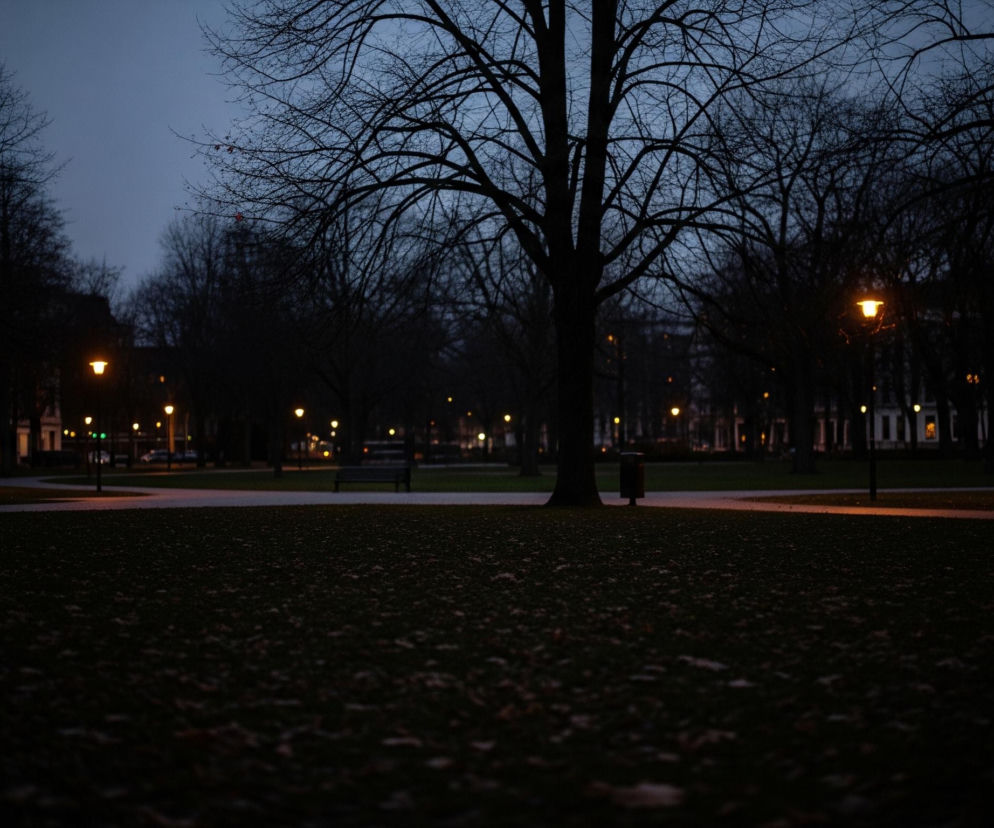 Park nocą lub o zmierzchu, z dominującymi, ciemnymi sylwetkami drzew pozbawionych liści na tle granatowego nieba. Rozjaśnione, pomarańczowe światła ulicznych latarni rozmieszczone są wzdłuż ścieżek, które przecinają trawniki. Na pierwszym planie widoczna jest trawa pokryta ciemnymi, opadłymi liśćmi, rozciągająca się w kierunku centrum kadru.