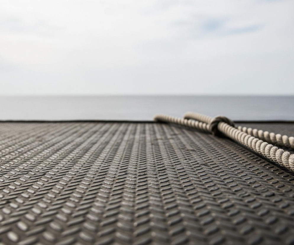 Na pierwszym planie widoczny jest ciemnoszary, gumowy chodnik z wypukłym wzorem jodełki, rozciągający się od dołu do górnej części kadru. Po prawej stronie chodnika leży gruba, beżowa lina, ułożona w podwójny, luźny węzeł. Za chodnikiem rozciąga się rozmyty horyzont, gdzie ciemnoszara woda morza łączy się z jasnym, lekko zachmurzonym niebem.