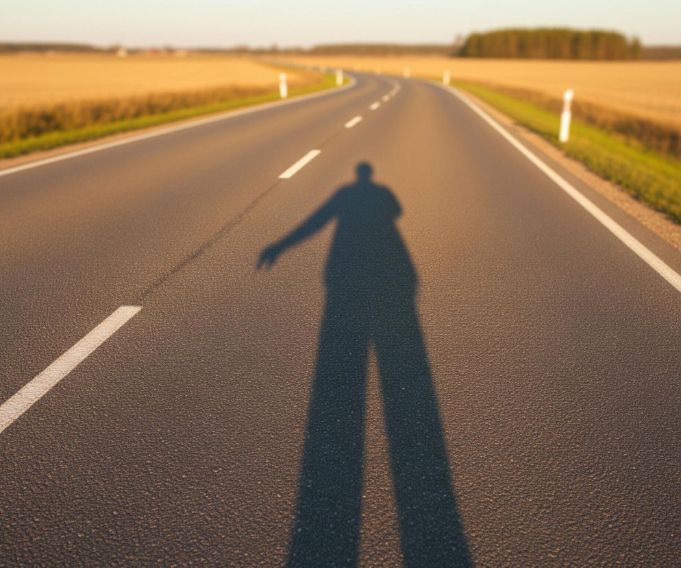 Na pierwszym planie, centralnie, widoczny jest długi, rozciągnięty cień człowieka, padający na ciemnoszarą, asfaltową drogę. Cień ma wyraźnie zarysowane kontury głowy, tułowia i nóg, z jedną ręką wyciągniętą w bok, a druga skierowaną w dół. Droga wije się lekko w głąb obrazu, a po obu jej stronach rozciągają się pola pokryte żółtą, dojrzałą trawą lub zbożem, oddzielone od asfaltu wąskim pasem zielonej trawy. Horyzont jest jasny, z rozmazanym niebem i drzewami w tle po prawej stronie. Na poboczu drogi, po obu stronach, co pewien odcinek znajdują się białe słupki odblaskowe.