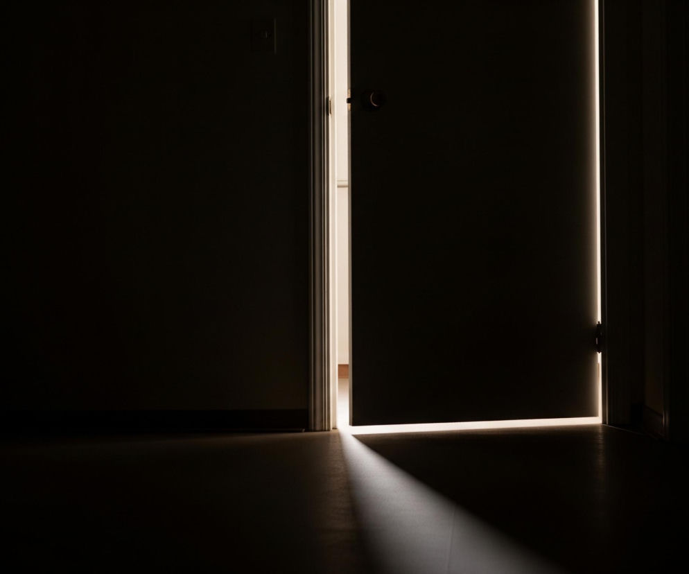 Prawie cały obraz jest ciemny, ale centralnie widoczne są lekko uchylone drzwi, za którymi rozciąga się jasne pomieszczenie. Światło z tego pomieszczenia tworzy wyraźną, pionową smugę wzdłuż krawędzi otwartych drzwi, a także długi, ukośny snop światła na podłodze w ciemnym korytarzu. Widoczny jest kawałek jasnej futryny i ciemna klamka na wewnętrznej stronie drzwi.