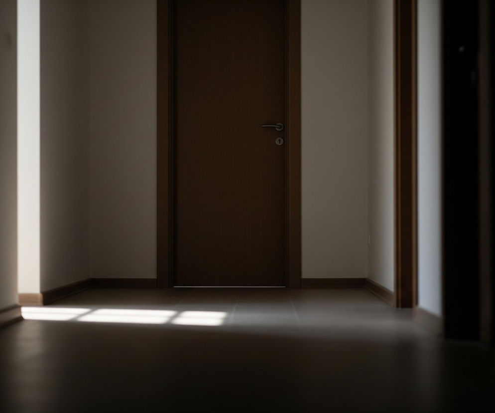 Długi korytarz jest skąpany w półmroku, z jasno oświetlonym fragmentem podłogi po lewej stronie. Na wprost znajduje się zamknięte, brązowe drzwi z metalową klamką i zamkiem, otoczone jasnymi ścianami. Po prawej stronie widać otwarte, drewniane futryny drzwi, za którymi panuje całkowita ciemność.