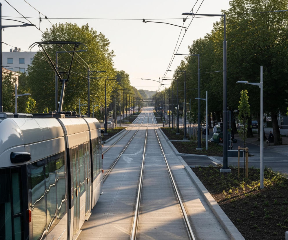 Nowoczesny, biało-czarny tramwaj zajmuje lewą stronę kadru, z widocznym przez przednią szybę kierowcą i włączonym światłem oraz pomarańczowym wyświetlaczem. Tory tramwajowe biegną prosto przez centrum obrazu, w kierunku odległego horyzontu, otoczone pasami betonu i ciemnej ziemi, z rzędami młodych drzew. Po obu stronach torów widać rzędy latarni i słupów trakcyjnych, a dalej alejki wysokich drzew o zielonych liściach, z budynkami mieszkalnymi w tle. Słońce, prawdopodobnie wschodzące lub zachodzące, oświetla tory i liście drzew, tworząc długie cienie i jasne refleksy.