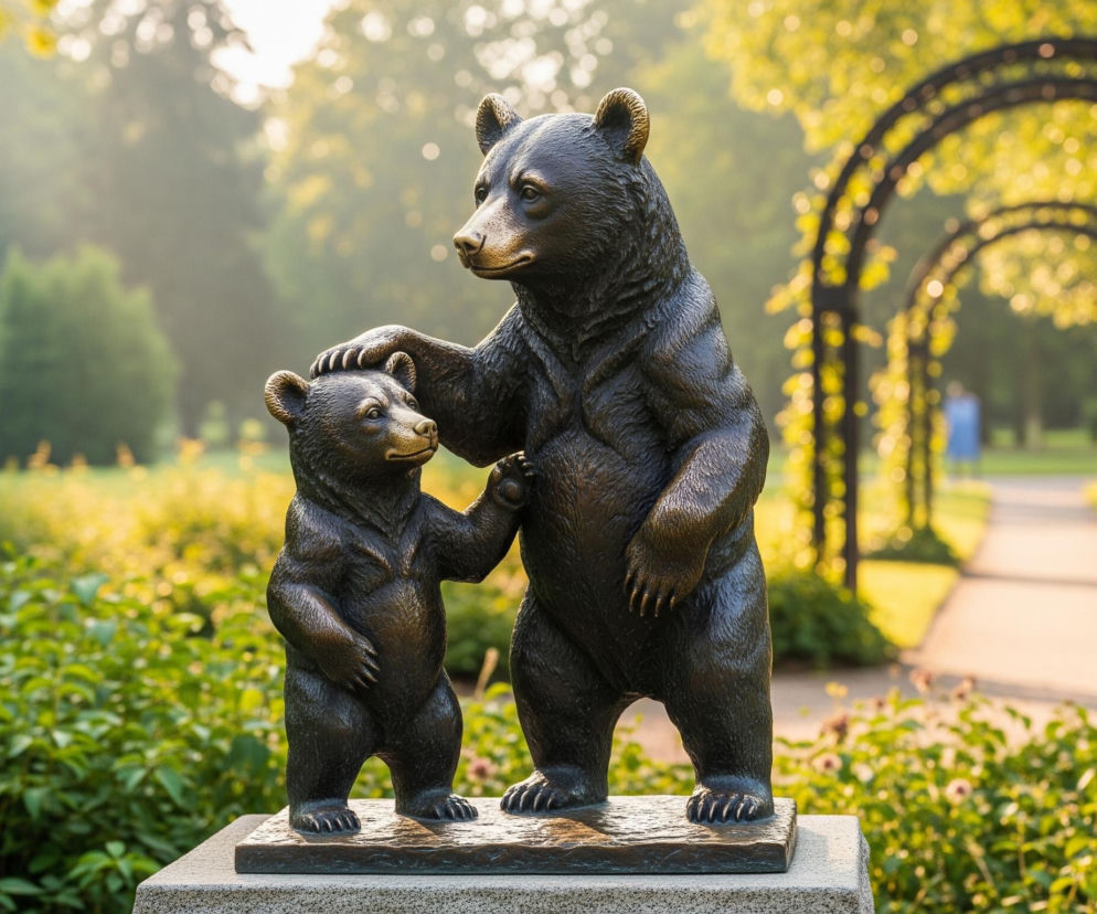 Centralne miejsce na zdjęciu zajmuje ciemnobrązowa rzeźba przedstawiająca dwa niedźwiedzie stojące na kamiennym cokole. Większy niedźwiedź stoi po prawej stronie, a jego lewa łapa spoczywa na głowie mniejszego niedźwiedzia, który stoi po lewej stronie, lekko zwrócony w stronę większego. Tło to rozmyty, zielony park z jasno oświetlonymi drzewami i krzewami, oraz łukowatymi konstrukcjami obsadzonymi roślinnością, tworzącymi alejkę.