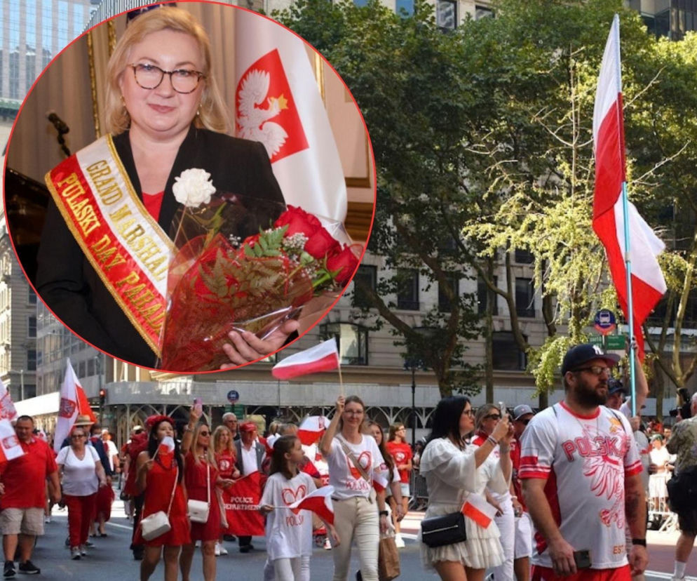 Tłum ludzi z polskimi flagami maszeruje ulicą. Na miniaturze Wielka Marszałek Iwona Korga. O Paradzie Pułaskiego czytaj w SE USA.