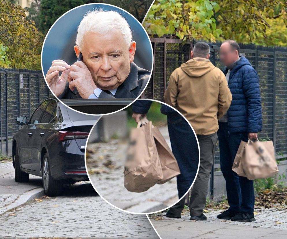 Dwaj mężczyźni z torbami pod domem Kaczyńskiego. Na miniaturach prezes PiS i zakupy. O zdrowiu polityka czytaj na SE.