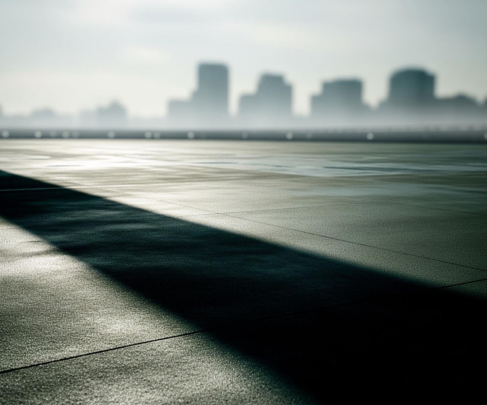 Centralny punkt obrazu to ciemnoszara, ziarnista powierzchnia przypominająca asfalt lub beton, z wyraźnymi liniami podziału tworzącymi nieregularne płytki. Po lewej stronie, od góry do dołu, przebiega szeroki, ciemny pas cienia, kontrastujący z jaśniejszym obszarem po prawej, gdzie światło odbija się od powierzchni. W tle widoczna jest rozmyta panorama miasta z zarysami wysokich budynków w odcieniach szarości, zanurzonych w jasnej, mglistej atmosferze. Ogólny nastrój jest stonowany, z dominującymi barwami szarości, czerni i rozmytej bieli.