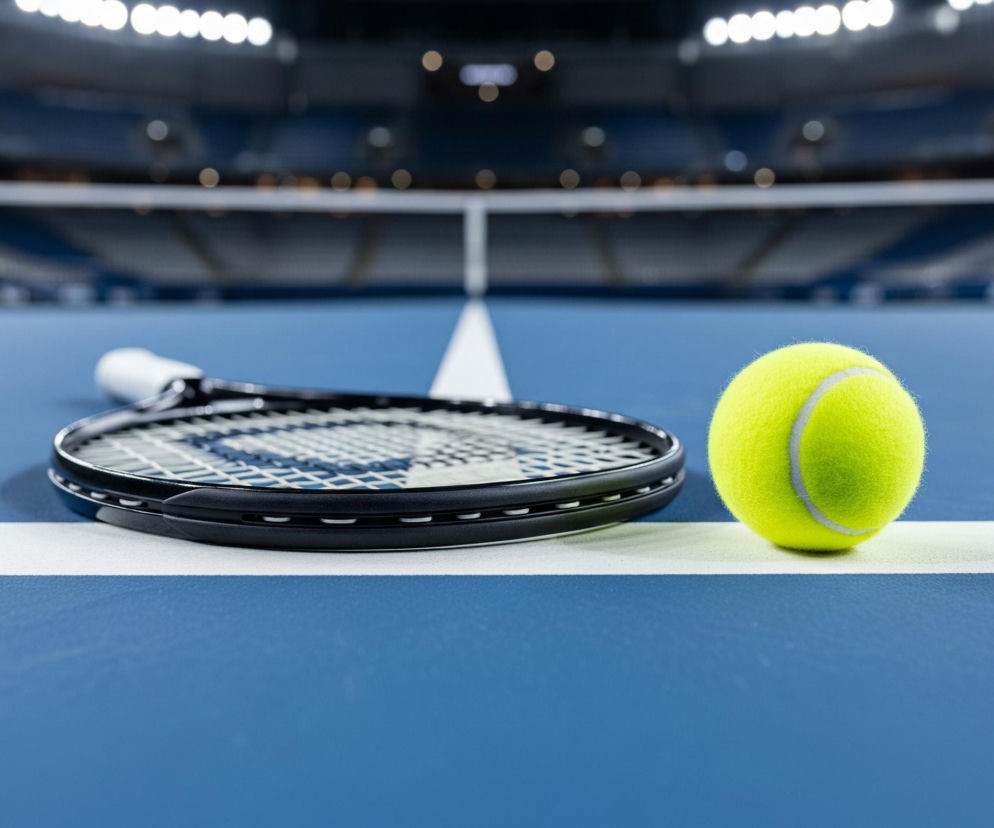 Jasnożółta piłka tenisowa z szarą linią styku leży po prawej stronie na białej linii kortu tenisowego. Obok niej, po lewej stronie, spoczywa czarna rakieta tenisowa z naciągiem, jej uchwyt skierowany jest w lewo, poza kadr. Tło rozmywa się w niebieską przestrzeń kortu i trybuny stadionu, oświetlone licznymi, jasnymi lampami.
