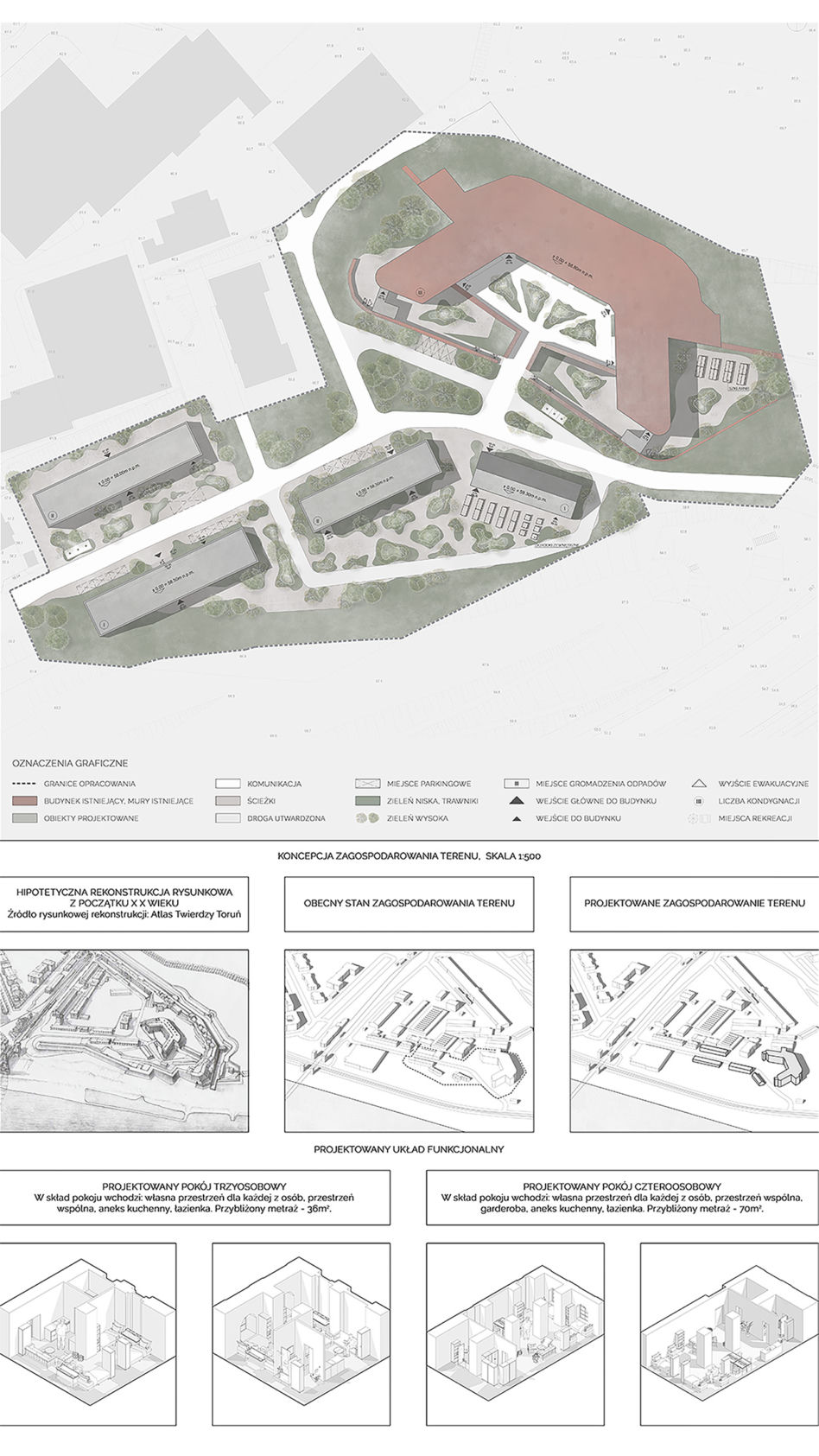 Koncepcja zagospodarowania terenu, układ funkcjonalny założenia, projekt pokojów