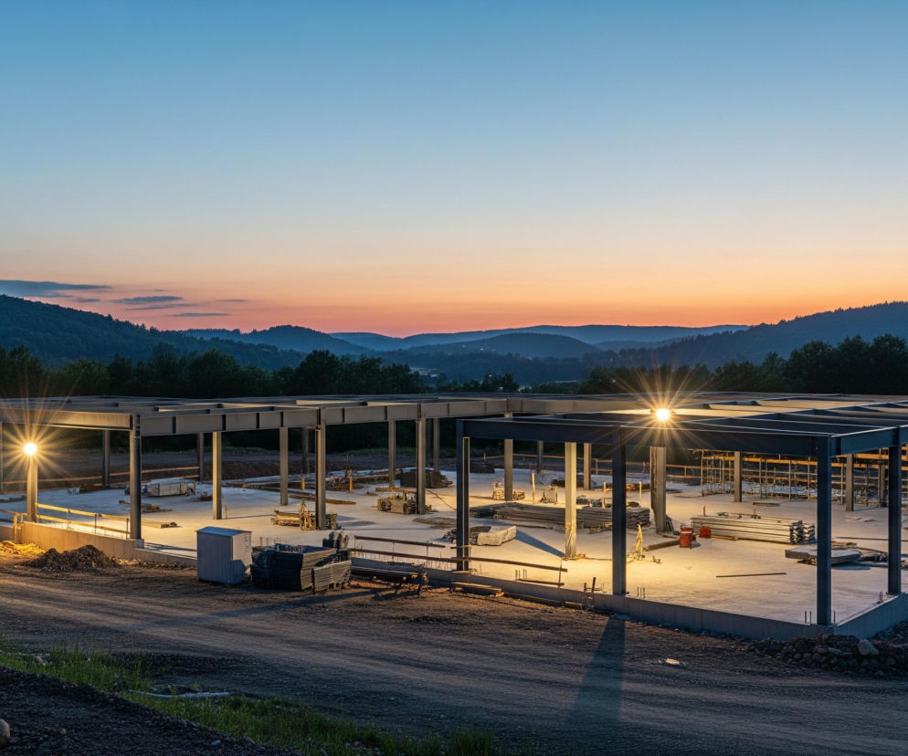 Duży, otwarty szkielet budynku w trakcie budowy dominuje centrum obrazu, oświetlony od wewnątrz kilkoma jasnymi reflektorami. Konstrukcja składa się z metalowych słupów i belek w ciemnoszarym kolorze, tworzących prostokątny kształt, a jej wnętrze jest wykończone betonową posadzką, na której leżą stosy materiałów budowlanych. Wokół szkieletu rozciąga się gruntowy teren budowy, częściowo pokryty ziemią i drobnymi kamieniami, a w tle widać ciemne, zalesione wzgórza i góry, zanikające w dali. Niebo nad górami przechodzi od jasnego błękitu na górze do pomarańczowo-różowego odcienia tuż nad horyzontem, sugerując zmierzch lub wschód słońca.