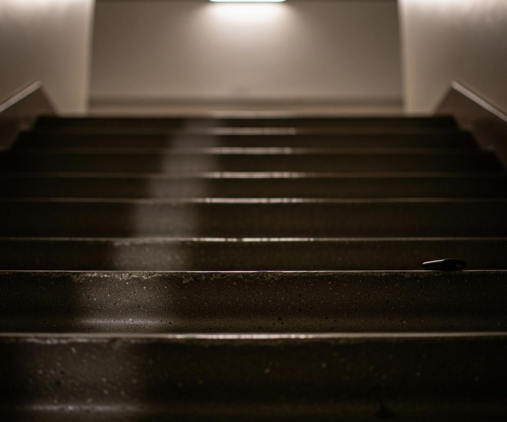 Długie, ciemne schody z poręczami po obu stronach wiodą w górę do jaskrawo oświetlonego korytarza. Stopnie, wykonane z ciemnoszarego betonu, mają jasne krawędzie podkreślone padającym światłem. Na przedostatnim stopniu od dołu leży mały, ciemny przedmiot. Światło z góry tworzy na schodach smugę, która zanika w ciemności.