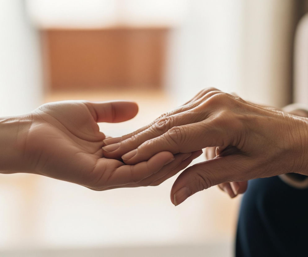 Dwie dłonie spotykają się w zbliżeniu na pierwszym planie, zlewając się ze sobą. Lewa dłoń, młodsza i jaśniejsza, jest otwarta i skierowana wnętrzem ku górze. Prawa dłoń, ze zmarszczkami i ciemniejszym odcieniem skóry, dotyka grzbietem lewej dłoni. W tle widać rozmazane, jasne pomieszczenie z niewyraźnym zarysem mebli, w tym beżowego fotela po prawej stronie. Osoba po prawej nosi rękaw swetra w beżowym odcieniu.