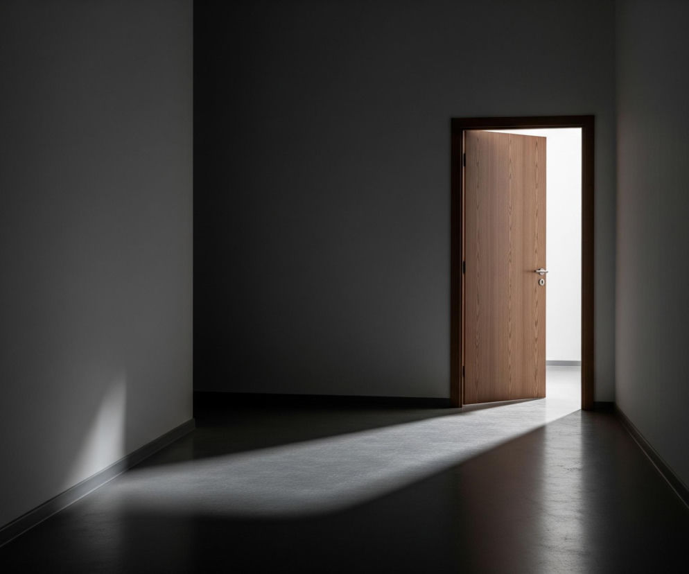 Wąski, ciemny korytarz prowadzi w głąb obrazu, z dębowymi drzwiami uchylonymi na prawo od centrum, ujawniając jasne, białe pomieszczenie za nimi. Światło zza drzwi rzuca długi, trójkątny cień na ciemnoszarą podłogę. Lewa ściana jest jaśniejsza i oświetlona, co kontrastuje z ciemniejszą prawą ścianą i sufitem, tworząc wrażenie głębi i tajemnicy.