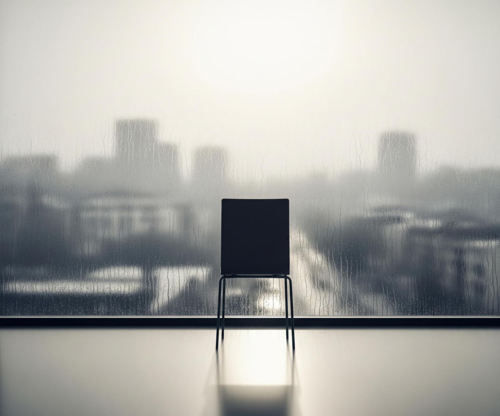 Na pierwszym planie, centralnie, stoi samotne, ciemne krzesło o prostej konstrukcji z cienkimi nogami. Dalej rozciąga się duże okno, przez które widać miejski krajobraz z rozmytymi, szarymi sylwetkami budynków, częściowo zasłoniętymi przez mgłę i krople deszczu spływające po szybie. Cała scena utrzymana jest w chłodnych odcieniach szarości i bieli, z subtelnym światłem wpadającym przez okno i tworzącym refleksy na błyszczącej podłodze.