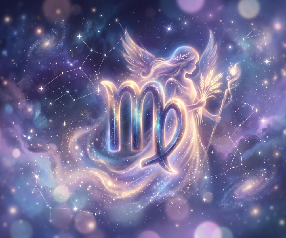 Świecący symbol znaku zodiaku Panna na tle kosmosu i sylwetki kobiety z kłosami. Horoskop dla Panny sprawdzisz na Eska.