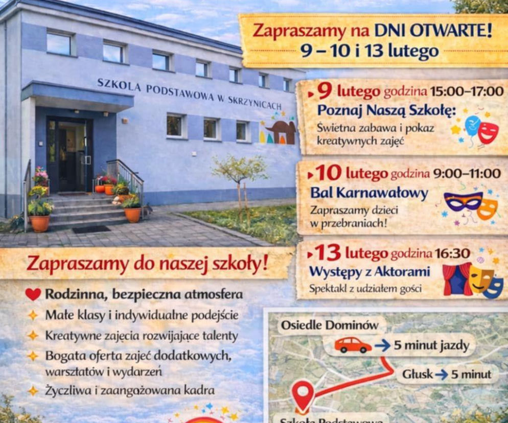 Plakat zapowiadający Dni Otwarte w SP w Skrzynicach