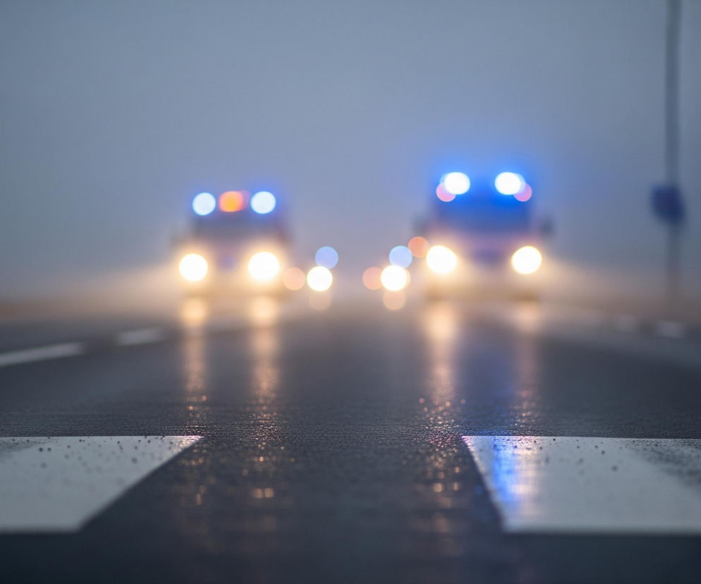 Droga jest głównym elementem widocznym na pierwszym planie, z ciemnoszarą, mokrą nawierzchnią pokrytą kropelkami wody. Na niej znajdują się białe, poziome pasy, tworzące znak drogowy, oraz przerywane białe linie biegnące w dal. W oddali, przez mgłę lub zamglenie, niewyraźnie majaczą dwa pojazdy z włączonymi światłami. Ich reflektory są jasne, żółtopomarańczowe, a na dachach widoczne są niebieskie i pomarańczowe światła sygnalizacyjne. Mgliste tło jest jasnoszare i jednolite, a po lewej stronie drogi stoi niewyraźny ciemny słupek z prostokątną tablicą na szczycie.