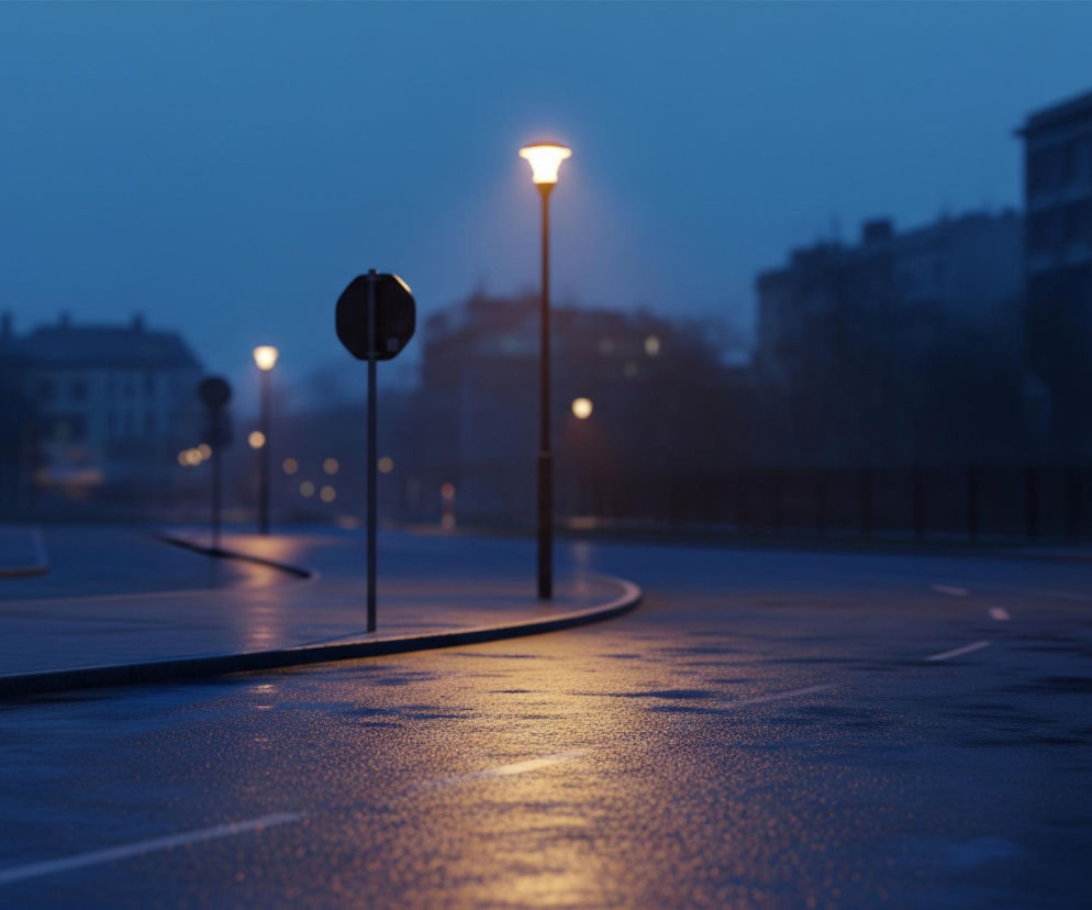 Oświetlona latarnia uliczna stoi w centrum, rzucając ciepłe, pomarańczowe światło na mokrą, ciemnogranatową jezdnię z widocznymi odblaskami. Droga, pokryta drobnymi kroplami wody, zakręca w prawo, a jej krawężnik oddziela ją od niewidocznego chodnika po lewej stronie. Na dalszym planie, w mglistym błękitno-szarym zmierzchu, widać zarysy budynków i inne latarnie uliczne, które stają się coraz mniej wyraźne w oddali.