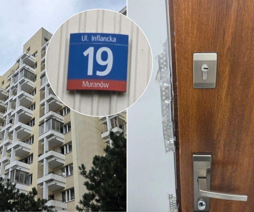Zniszczone drzwi wejściowe do mieszkania. Obok blok z balkonami i tabliczka z adresem. O tragedii pisze Eska Warszawa.