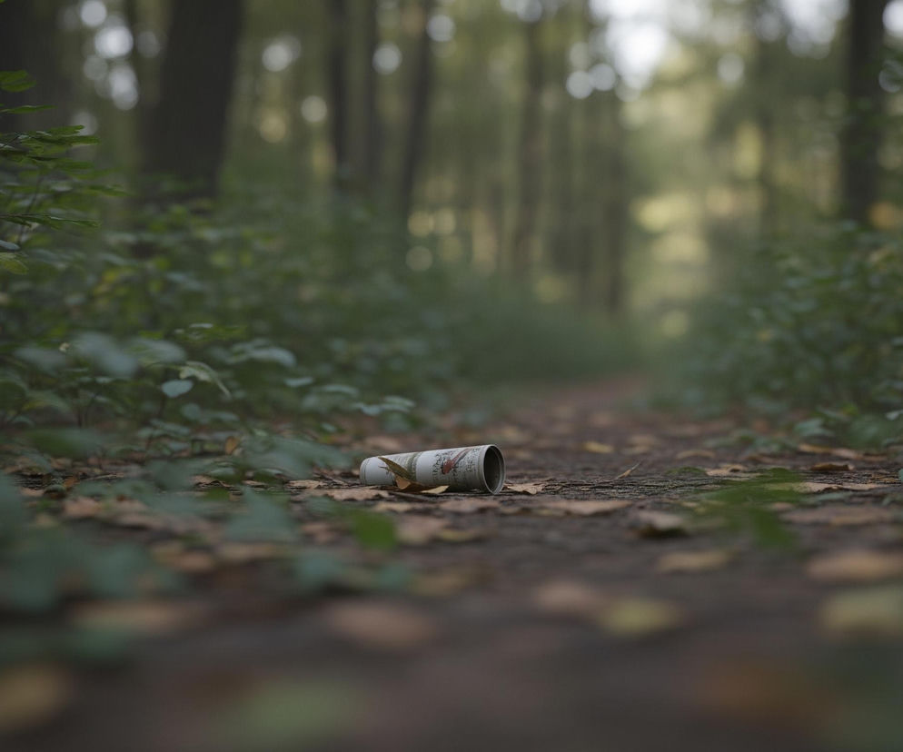 Na pierwszym planie, centralnie, leży puszka o białym tle z kolorowymi nadrukami, częściowo pokryta jasnobrązowym, uschniętym liściem. Puszka jest ułożona poziomo na ziemi, która stanowi ścieżkę pokrytą licznymi uschniętymi liśćmi i ciemną ziemią. Po obu stronach ścieżki oraz na dalszym planie widać zielone rośliny i krzewy z liśćmi w różnych odcieniach zieleni, niektóre z nich są rozmyte. W tle widoczny jest las z wysokimi, niewyraźnymi drzewami, a pomiędzy nimi przebija się rozmyte, jasne światło.