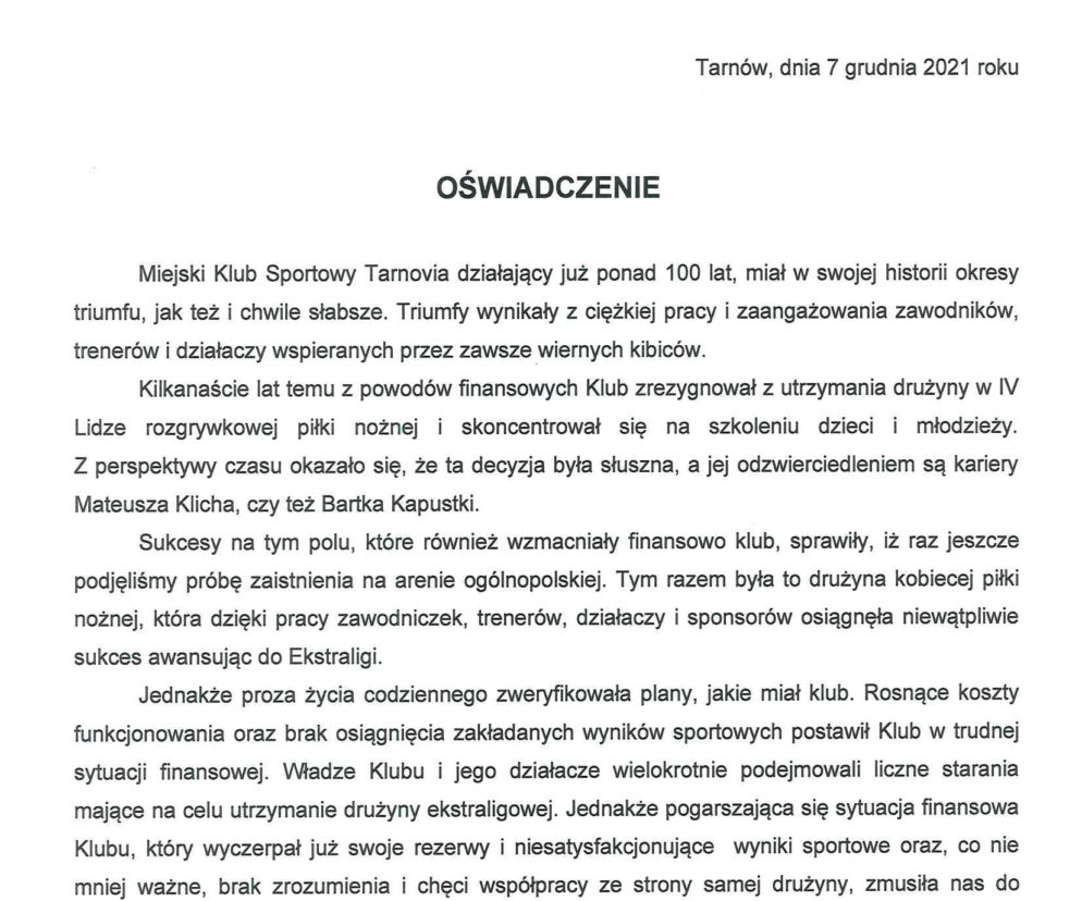 Oświadczenie MKS Tarnovii Tarnów