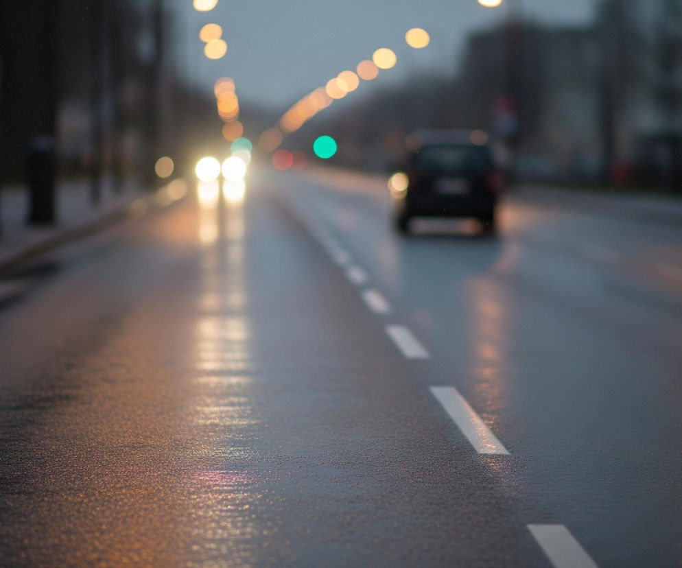Mokry asfaltowy pas drogi z białymi przerywanymi liniami, biegnący przez środek kadru, jest głównym elementem obrazu. Po lewej stronie widać rozmyte, intensywnie białe światła nadjeżdżających samochodów, odbijające się w kałużach. W oddali, po prawej, widoczny jest niewyraźny kształt ciemnego samochodu oddalającego się, a za nim rozmyte, okrągłe światła uliczne w kolorach pomarańczowym, zielonym i czerwonym. Tło jest zamglone, ciemnoszare, z niewyraźnymi konturami drzew i budynków po obu stronach ulicy.