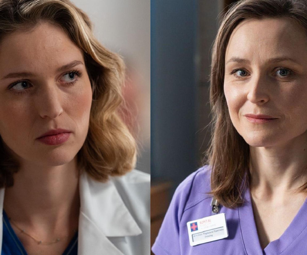 Nowa lekarka Magdalena Trawińska (Natalia Kalita) i Joanna Gawryło (Monika Kaleńska) w serialu Na dobre i na złe. Trawińska w białym fartuchu lekarskim, Gawryło w fioletowym uniformie szpitalnym. Więcej o ich losach na Super Seriale.