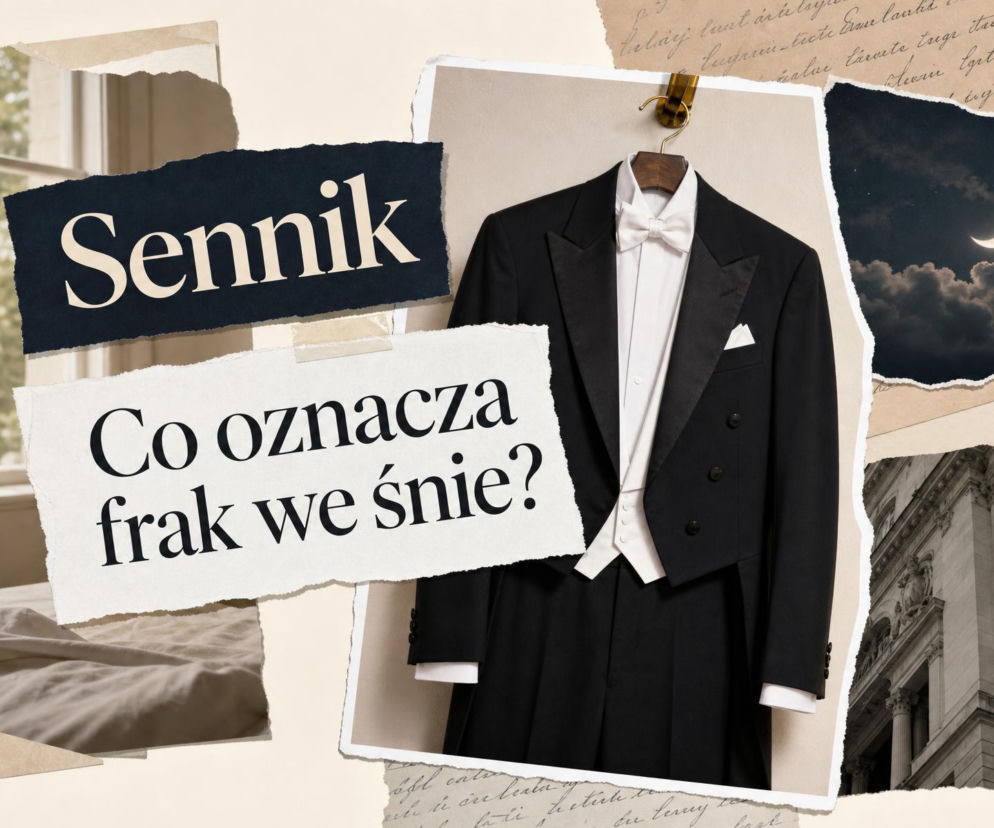 Czarny frak z białą koszulą na wieszaku. Obok napisy sennik oraz księżyc. O znaczeniu snu przeczytasz na SE.