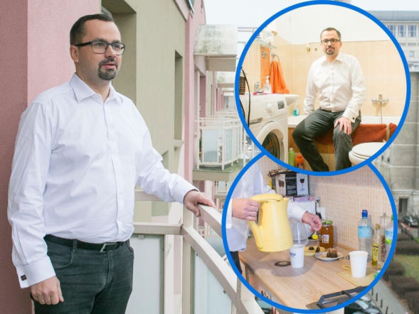 W takich warunkach mieszkał Marcin Horała. Jednorazowe kubeczki i malutka kuchnia