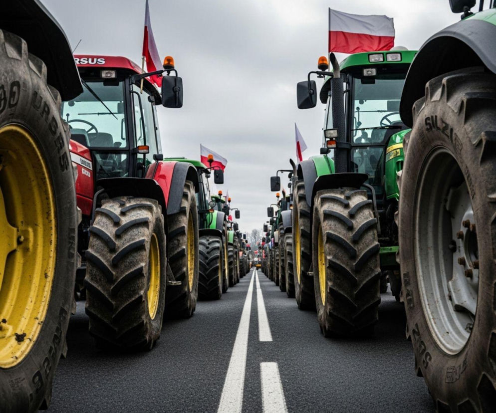 Sznur ciągników rolniczych z polskimi flagami blokujących drogę podczas protestu. Maszyny stojące na asfalcie, symbolizują trudną sytuację rolników i ich walkę o uczciwe warunki. Więcej o protestach przeczytasz na Super Biznes.